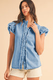 Button Front Ruffled Flutter Frayed Denim Top