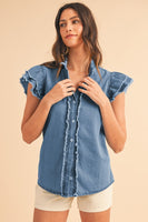 Button Front Ruffled Flutter Frayed Denim Top