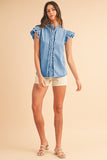 Button Front Ruffled Flutter Frayed Denim Top