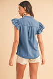 Button Front Ruffled Flutter Frayed Denim Top