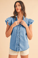 Button Front Ruffled Flutter Frayed Denim Top