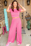 Women Fit Crop Top and Pleated Wide Leg Pants Set