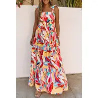 Multicolor Abstract Print Striped Trim Maxi Sundress