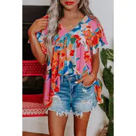 Abstract Print V Neck Flutter Sleeve Blouse